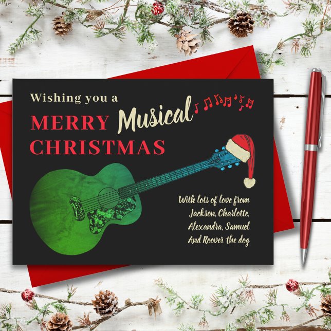 Christmas Acoustic Guitar Wearing Santa Holiday Card (Christmas Green acoustic guitar wearing a santa hat music themed custom holiday greetings card)