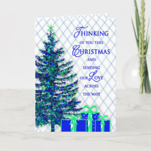 Christmas, Across the Miles, Blue/Tree, Gifts Holiday Card