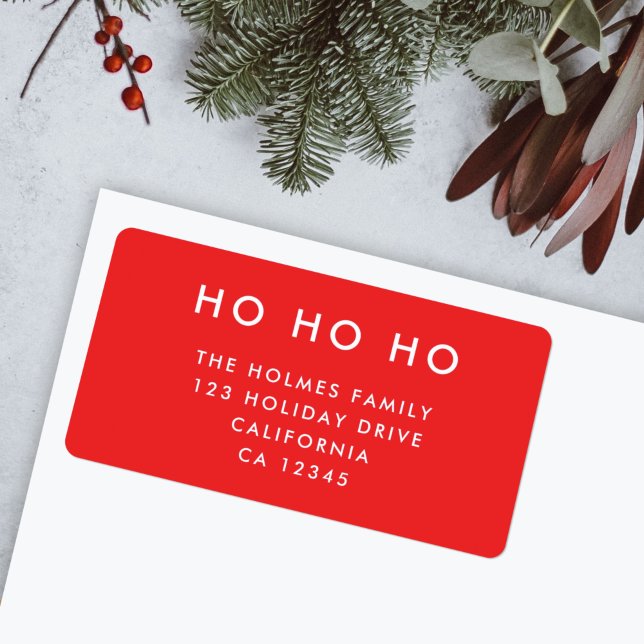 Christmas Address Label | Ho Ho Ho Mailing Sticker (Modern bright red “Ho Ho Ho” return address label by Guava for your festive mail)