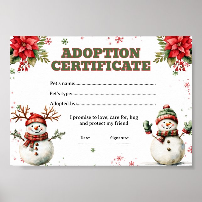 Christmas adopt a snowman certificate poster (Front)