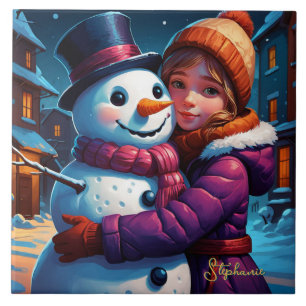 Christmas Adorable Girl And Snowman Ceramic Tile