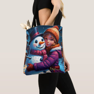 Christmas Adorable Girl And Snowman Tote Bag