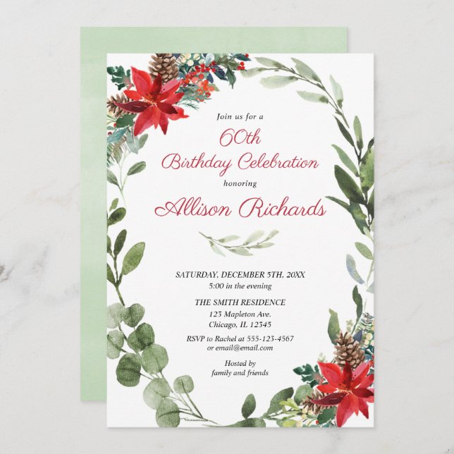 Christmas Adults Birthday red greenery floral Invitation (Front/Back)