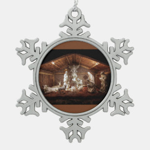 Christmas Advent Jesus Nativity Manger Scene Snowflake Pewter Christmas Ornament