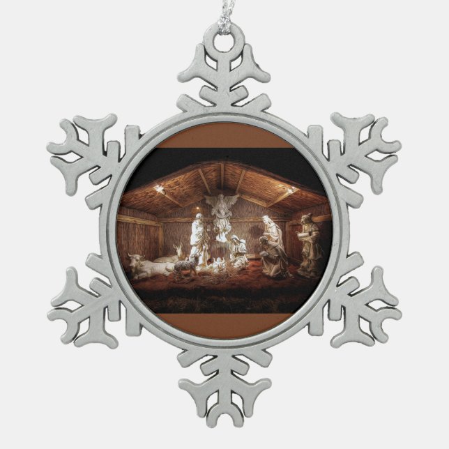 Christmas Advent Jesus Nativity Manger Scene Snowflake Pewter Christmas Ornament (Front)