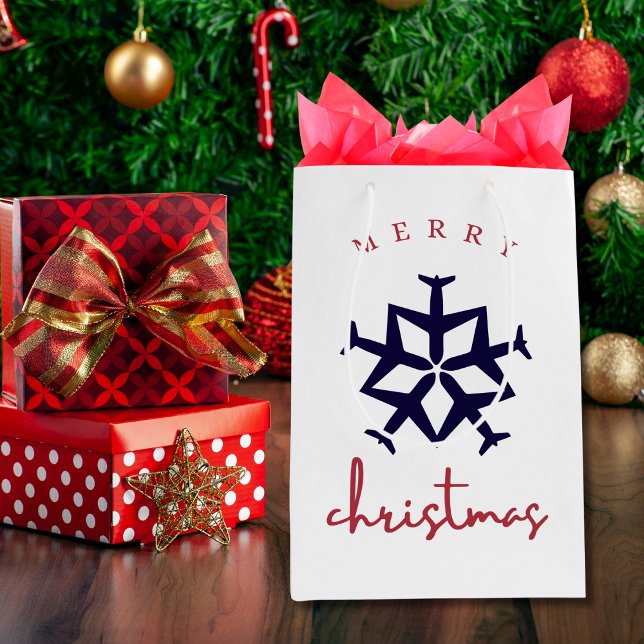 Christmas Aeroplane Snowflake Photo Funny Aviation Medium Gift Bag (Creator Uploaded)