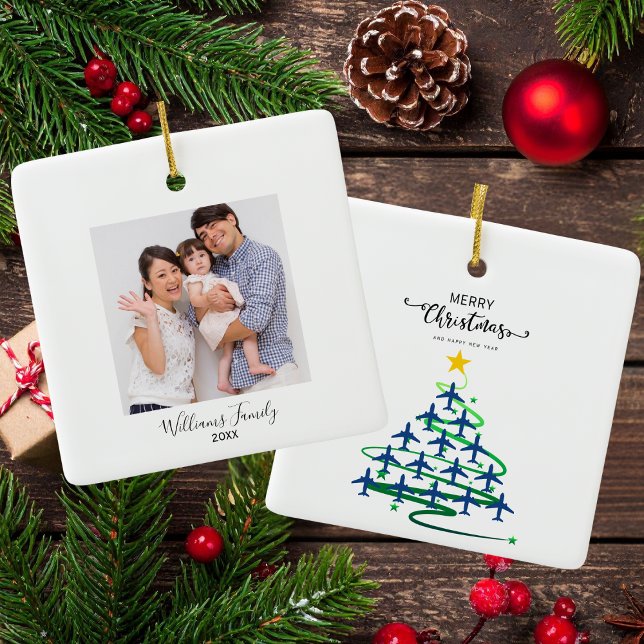 Christmas Aeroplane Tree & Photo Simple Aviation Ceramic Ornament (Creator Uploaded)