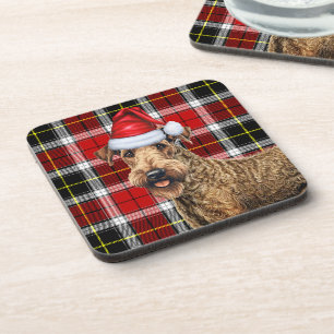 Christmas Airedale Terrier Dog Red Plaid Holiday Coaster