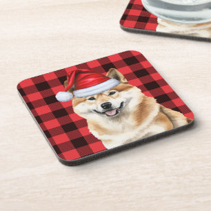 Christmas Akita Dog Red Buffalo Plaid Holiday Coaster