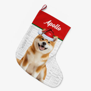 Christmas Akita Dog with Name Woof Background Large Christmas Stocking