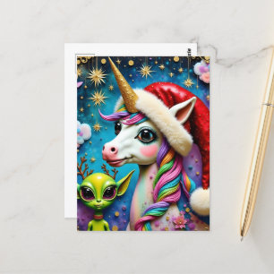 Christmas Alien and Unicorn Postcard