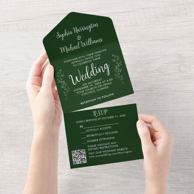 Christmas All in One Wedding Invite Holiday Green  (Tearaway)