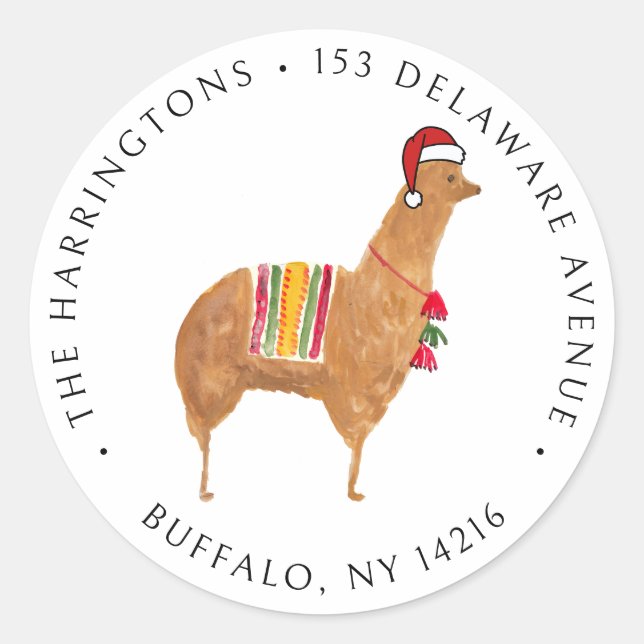 Christmas Alpaca Cute Hand-Illustrated Address  Classic Round Sticker (Front)