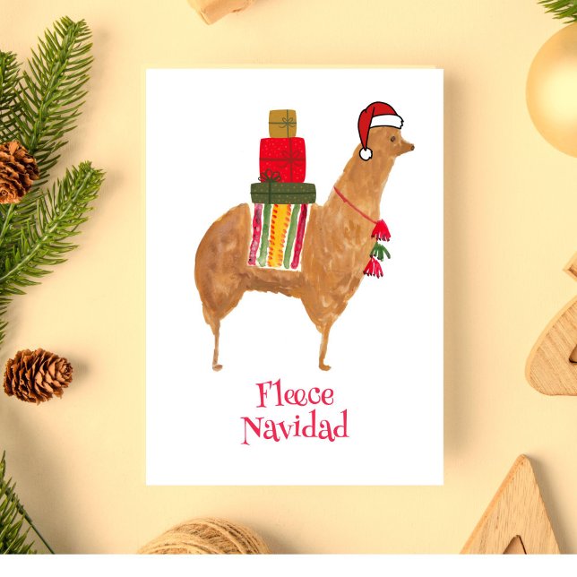 Christmas Alpaca Hand-Drawn Folded Holiday Card (This hand-painted Christmas llama bearing holiday gifts reads "Fleece Navidad.")