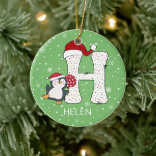 Christmas Alphabet H Santa Hat Penguin Snowflake Ceramic Ornament