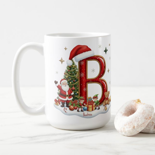 Christmas Alphabet Initial B with Santa Elves Coffee Mug (With Donut)