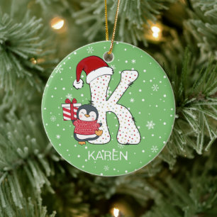 Christmas Alphabet K Santa Hat Penguin Snowflake Ceramic Ornament