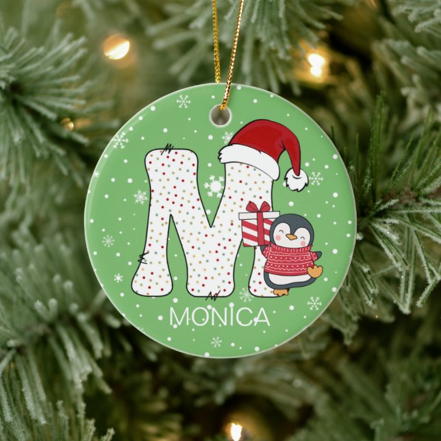 Christmas Alphabet M Santa Hat Penguin Snowflake Ceramic Ornament (Tree)