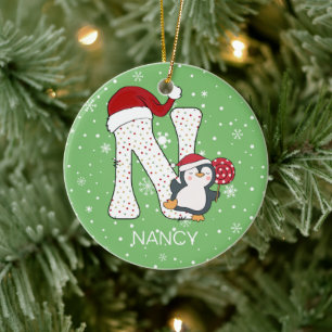 Christmas Alphabet N Santa Hat Penguin Snowflake Ceramic Ornament