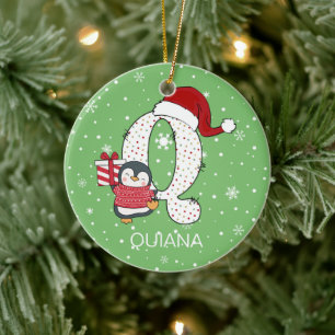 Christmas Alphabet Q Santa Hat Penguin Snowflake Ceramic Ornament