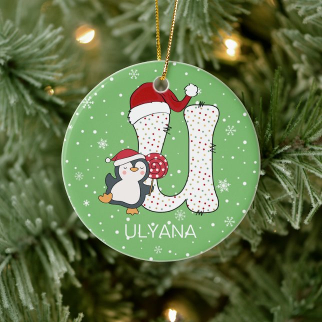Christmas Alphabet U Santa Hat Penguin Snowflake Ceramic Ornament (Tree)