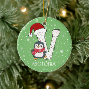 Christmas Alphabet V Santa Hat Penguin Snowflake Ceramic Ornament