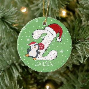 Christmas Alphabet Z Santa Hat Penguin Snowflake Ceramic Ornament