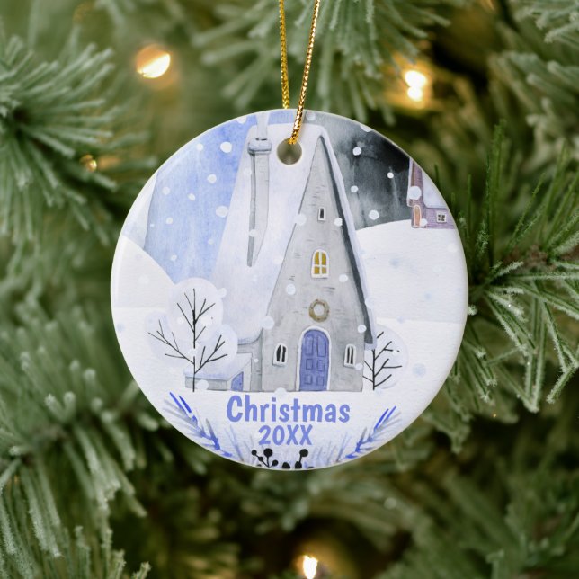 Christmas Alpine Ski Mountain Village House Ceramic Ornament (Tree)