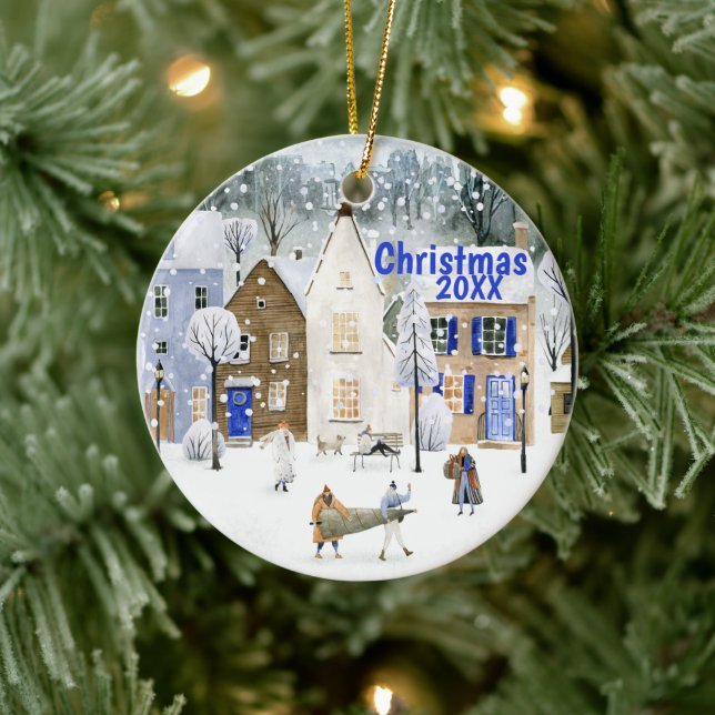 Christmas Alpine Ski Mountain Village Street Scene Ceramic Ornament (Tree)