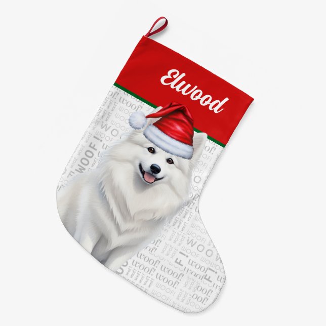 Christmas American Eskimo Dog Name Woof Large Christmas Stocking (Front (Hanging))