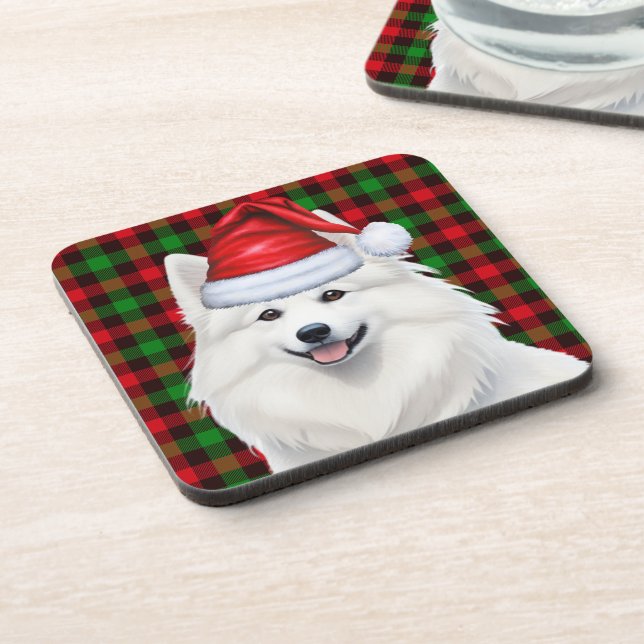 Christmas American Eskimo Dog Plaid Holiday Coaster (Left Side)