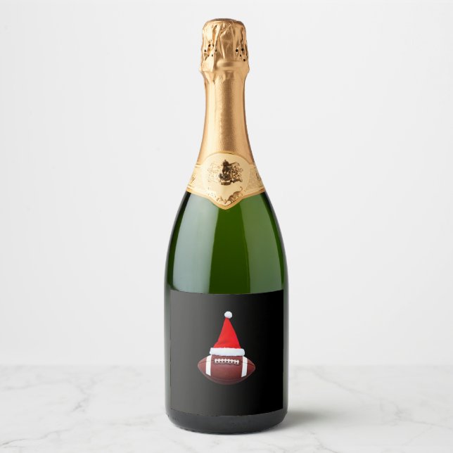 Christmas American Football Ball Santa Hat (2) Sparkling Wine Label (Front)