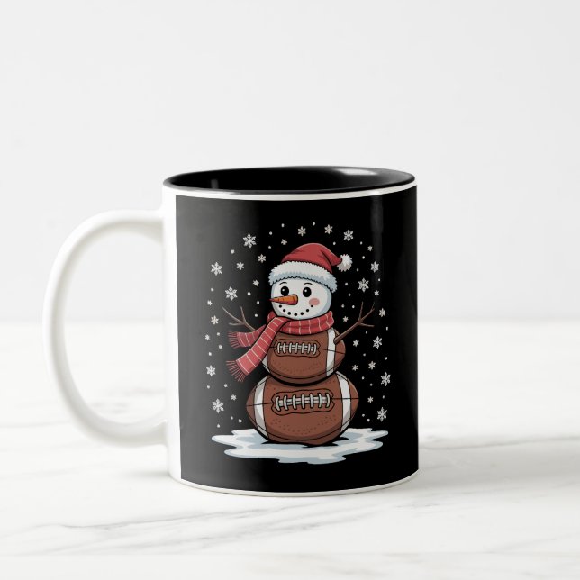 Christmas American Football Snowman Xmas Sport Two-Tone Coffee Mug (Left)