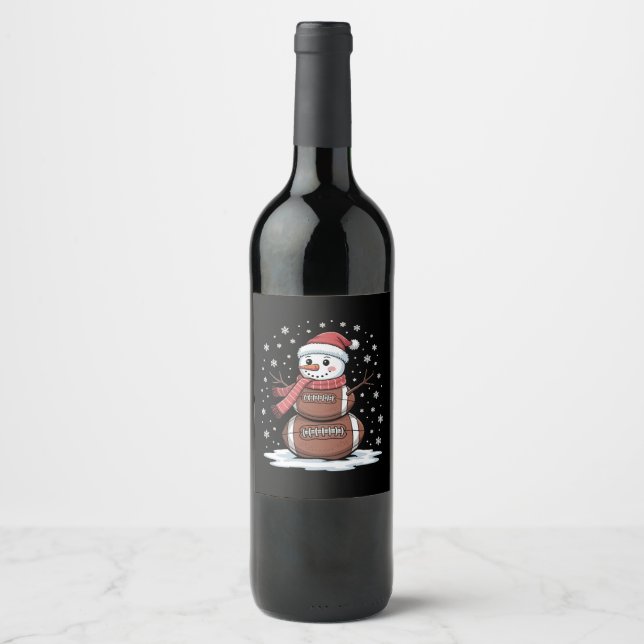 Christmas American Football Snowman Xmas Sport Wine Label (Front)