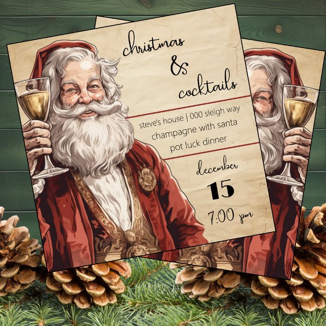 Christmas and Cocktails with Santa Party  Invitation (Vintage Santa with Champagne on this fully customizable holiday party invitation)