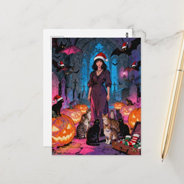 Christmas and Halloween Woman Bats Cats Postcard (Front/Back In Situ)
