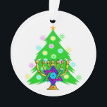 Christmas and Hanukkah Ornament<br><div class="desc">Featuring Xmas tree and menorah with jewish star of david surrounded by holiday presents on greeting cards,  postage,  gift ideas and apparel for the family.</div>