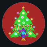 Christmas and Hanukkah Together Classic Round Sticker<br><div class="desc">Christmas and Hanukkah on gifts for interfaith families that celebrate the joy of Christmas and beauty of Chanukah. Featuring Xmas tree and menorah with jewish star of david surrounded by holiday presents on greeting cards, postage, gift ideas and apparel for the family.</div>