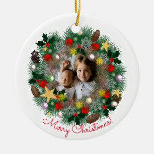 Christmas and New Year greetings, photo in wreath Ceramic Ornament