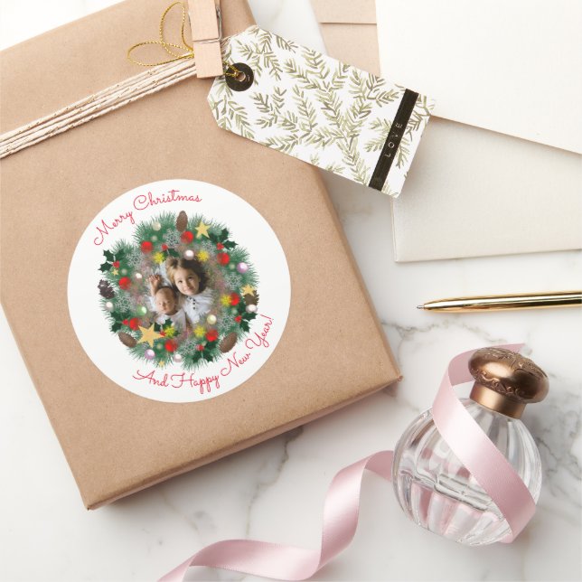 Christmas and New Year greetings, photo in wreath Classic Round Sticker (Gifting)