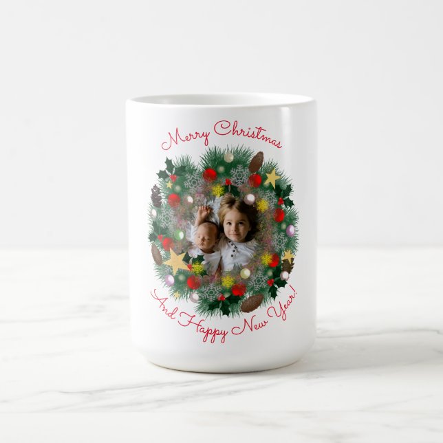 Christmas and New Year greetings, photo in wreath Coffee Mug (Center)