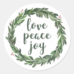 Christmas and New Year wreath. Love, Peace, Joy Classic Round Sticker