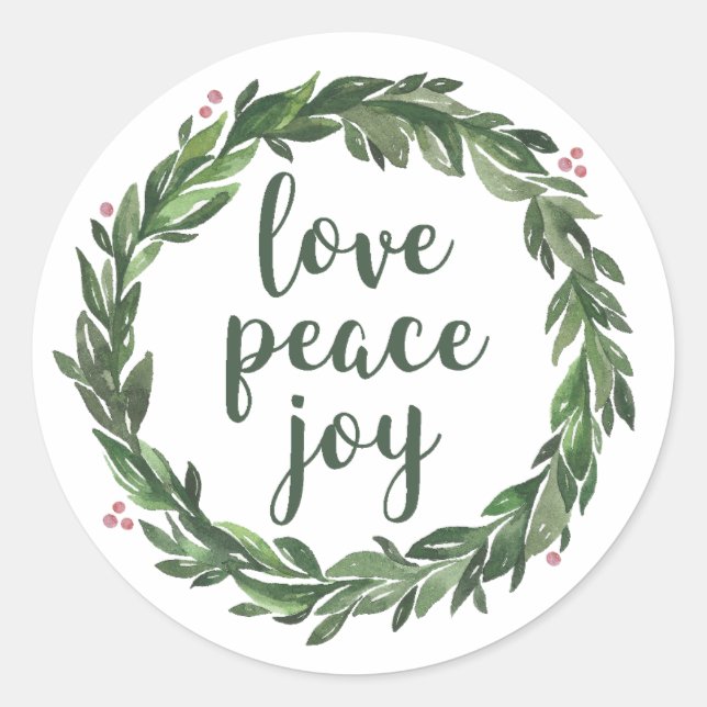 Christmas and New Year wreath. Love, Peace, Joy Classic Round Sticker (Front)
