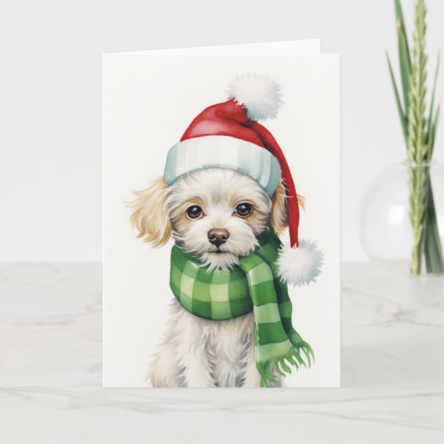 Christmas and Santa Dog, Holiday Dog, Lhasa  Card (Front)