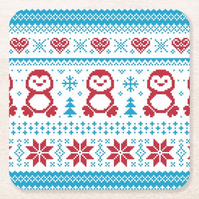 Christmas and Winter knitted pattern Square Paper Coaster (Front)