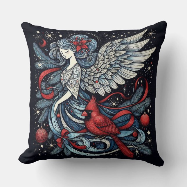 Christmas Angel and Cardinal Cushion (Front)