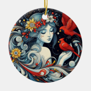 Christmas Angel and Cardinals Ceramic Ornament