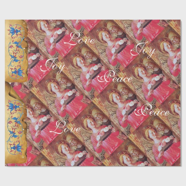 CHRISTMAS ANGEL AND ROSES JOY PEACE LOVE PARCHMENT WRAPPING PAPER (Flat)