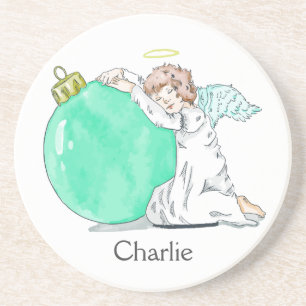 Christmas Angel custom name sandstone coaster
