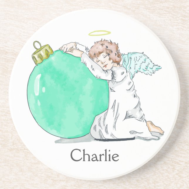Christmas Angel custom name sandstone coaster (Front)